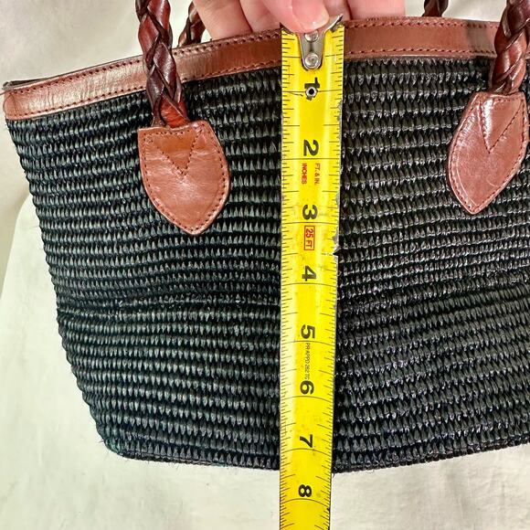 Dillard's VTG Black Fiber & Brown Genuine Leather Trim Hand Bag Tote Purse Italy - Picture 8 of 10